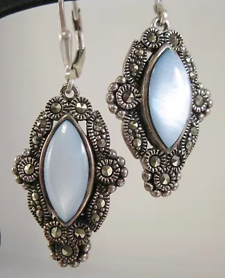 Art Deco Style Marcasite & Blue MOP Sterling Silver Lever Back Earrings • $45