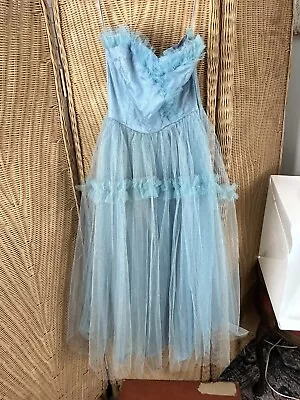 Vintage 1960’s Prom Dress Blue Tulle With Specks Party Dress Tea Length Straples • $130