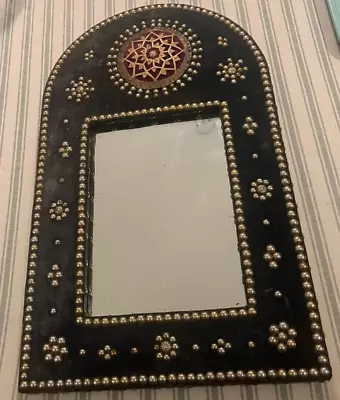 VTG Moroccan Handmade Wooden Wall Decor Mirror Velvet Metal Boho 18.5” X 11” • $65