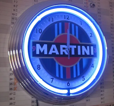 MARTINI RACING SIGN 15  BLUE Neon Clock Chrome Framed Garage Man Cave Bar • $99.99