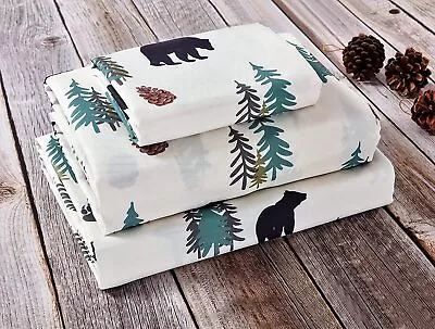 Rustic Woodland Bear Pinecone Cabin Lodge Queen Bed Sheet And Pillowcase Set • $42.99