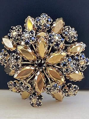  VTG  Shreiner Gold & Black Prong Set Rhinestone Chunky Costume Jewelry Brooch • $53