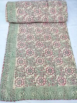 Kantha Quilt Gudari King Size Hand Block Print Cotton Coverlet Blanket Bedspread • £91.39