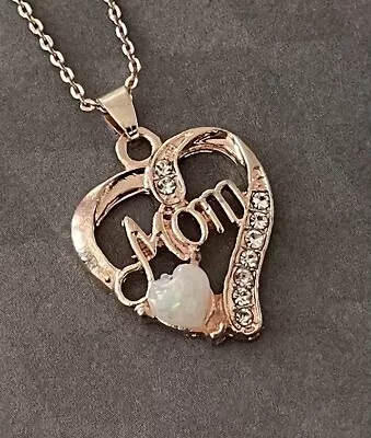 Crystal Mom Heart Pendant Necklace Synth Opal Rose Gold Plate Mothers Day • $5.86