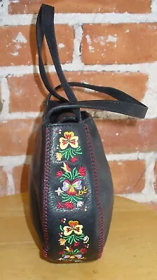 Vintage Black  Leather Embroidered Hand Bag • $36.99