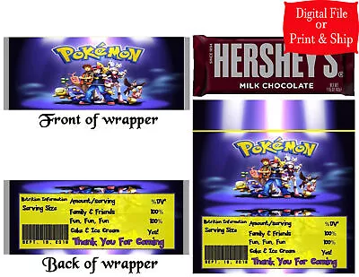 12 Personalized POKEMON Candy Hershey Bar Wrappers Party Favors W/Silver Foil • $11