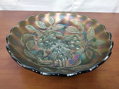 Millersburg HANGING CHERRIES Cherry GREEN Carnival Glass 10  Scalloped BOWL • $125.78