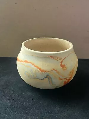 Vintage NEMADJI POTTERY Bowl Shaped Pot Swirls Of Blue Orange And Tan • $29.95