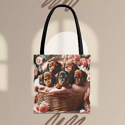 Miniature Dachshund Floral Tote Bag - Bouquet Of Puppies 3 Sizes Available • $18.99