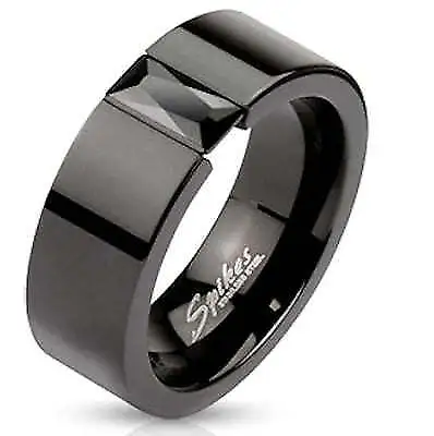 Men's Emerald Cut Black Cz Black Stainless Steel Wedding Band Ring • $24.99