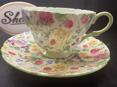 Shelley  Countryside Chintz  Henley Shape Cup And  Saucer  Green Trim • $87.40