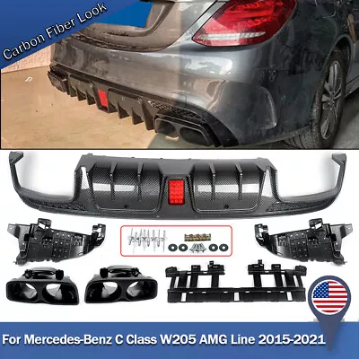 For 15-21 Benz W205 C63 C43 Sedan B Style Red Led Bumper Diffuser+exhaust Tips • $256.48