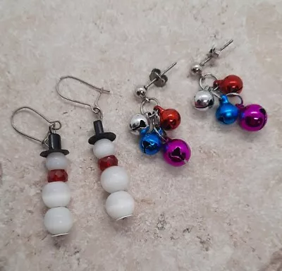 Vintage Christmas Winter Holiday Earrings Snowman Jingle Bells Dangle • $6