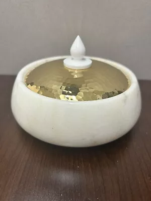 White Marble Stone Round Trinket Box DIsh Brass Gold Lid Heavy 5.5  X 4  • $23.80