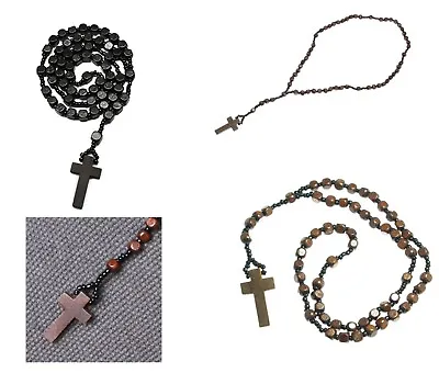 Rosary Necklace Beads Wooden Cross Jesus Saint Crucifix Brown Black Women Men • £4.99