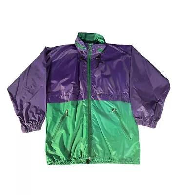 K-way Purple Green Packable Hooded Windbreaker Vented Rain Jacket Men Large • $19.95