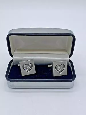 £10.79 • Buy Pair Of Stylish Square Diamante Heart Detail Silver Metal Cuff Links In Gift Box