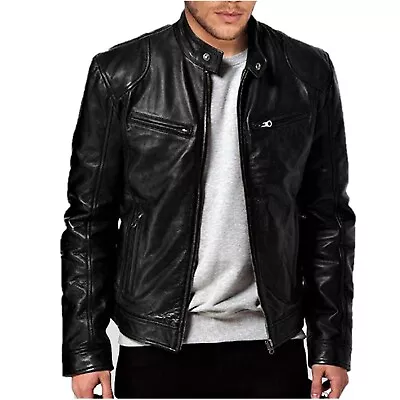 Men's Leather Jacket Cafe Racer Black Biker Motorcycle Genuine Sheep Leather • $98.99