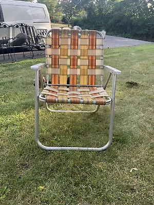 Vintage Folding Lawn Pool Deck Aluminum Chair Webbed Brown Orange Yellow • $29