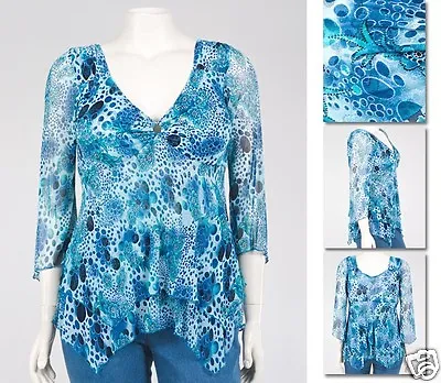 NEW Zaftique LS SIREN TOP Blue Print 0Z 1Z 4Z / 14 16 28 / L XL 1X 4X  • $38.99