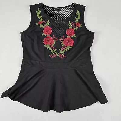 City Chic Top Womens Size XS Black Floral Embroidered Sleeveless #572 • $19.95
