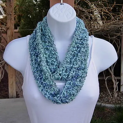 SUMMER INFINITY SCARF Small Skinny Light Blue & Gray Soft Handmade Crochet Knit • $18.99