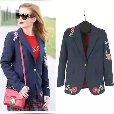 Zara Woman Blue Embroidered Floral Single Button Blazer • $35