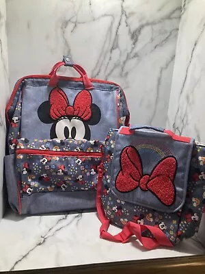 Disney Store Minnie Red Bow Denim Backpack & Lunch Tote Box School Bag Set Read • £28.50