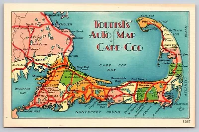 Cape Cod Massachusetts Tourist Auto Map Driving Distance Vintage Color Postcard • $3.95