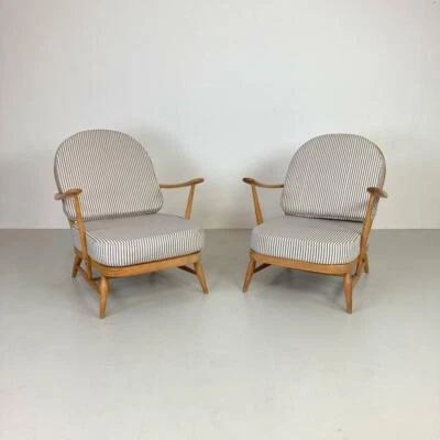 £1124.10 • Buy Pair Of Ercol Windsor Arm Chairs Refurb'd Blonde French Ticking Vintage #3356