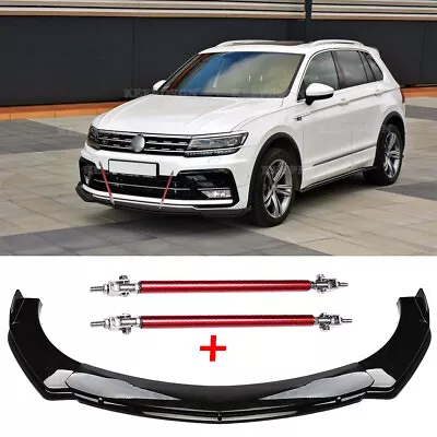 $85.09 • Buy For VW Tiguan R-Line Gloss Front Bumper Lip Splitter Lower Chin + Red Strut Rods