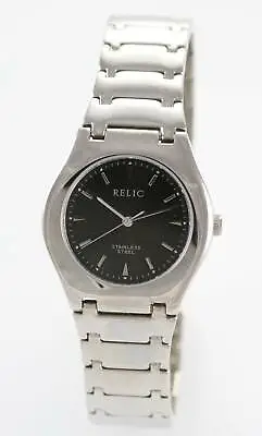 Relic Watch Mens Stainless Steel Silver Battery Water Resistant 50m Black Quartz • $29.94