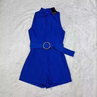 NWT Blue Belted Ribbed Jumpsuit Romper Cowl Neck Retro Disco 70s Style Summer • $30