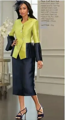 Size 6 Midnight Velvet Navy Lime Church Wedding Charmaine Pleat Cuff Skirt Suit • $47.99