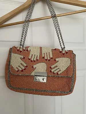£17.50 • Buy Zara Handmade Beaded Shoulder Bag Salmon Coral Hands Design Silver Hardware NEW
