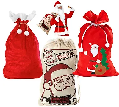 Father Christmas Xmas Santa Present Drawstring Sack Jute Velvet Felt Stocking • £11.93