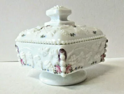 Westmoreland Milk Glass Embossed Leafs Grapes Footed Candy Dish Hand Painted  • $29.80