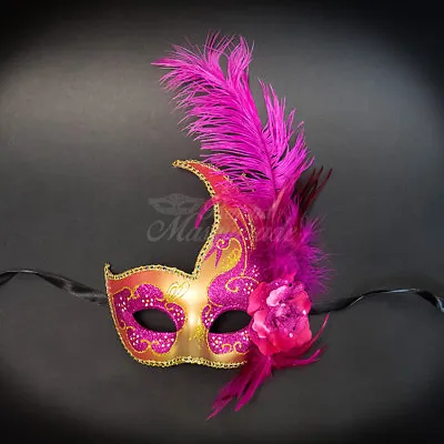 Ostrich Feather Venetian Masquerade Mask For Women M6131 Gold/Hot Pink • $10.16