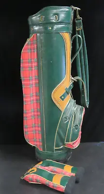 Vintage Burton Golf Bag Green Plaid Checkered Tan W/ Head Covers 3-Way • $99.95