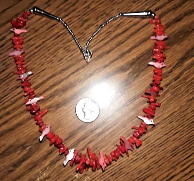 Vintage Zuni Indian BIRD Necklace Sterling Silver Red Coral Branches Seashells • $59