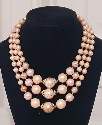 Vintage Graduated 3 Strand Faux Pale Pink Gold Pearl Necklace Japan MCM • $10