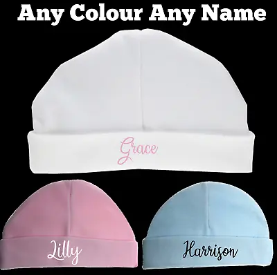 Personalised Baby Beanie Hat Pink Blue Grey Printed Name Boy Girl Unisex Custom • £4.99