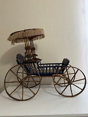 Antique Painted Wood Doll Carriage Buggy W/ Fringe On Canopy 1880 Patent • $425