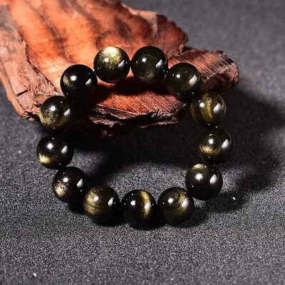 10MM Handmade Sheen Gold Obsidian Round Beads Healing Luck Strength Men Bracelet • $11.90