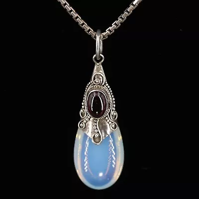 VTG Sterling Silver - BALI Opal & Garnet Teardrop Pendant 24  Necklace - 10g • $2.99