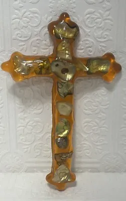 Vintage Lucite Acrylic Cross Abalone Shell Orange Tone Wall Plaque Hanger MCM 8” • $77.85