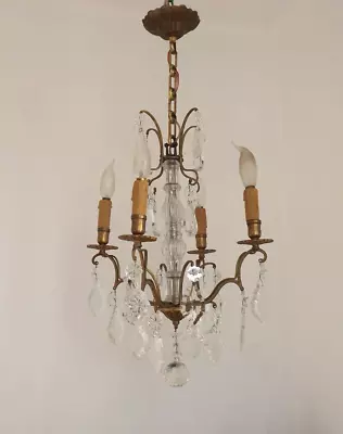 Exquisite 1940s French Vintage Bronze Glass And Crystal 4 Light Chandelier 4679 • $342.39