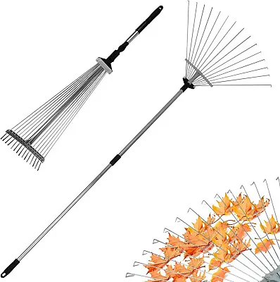 15 Tines Adjustable Telescopic Metal Garden Rake Leaf Metal Handle Lawn Grass • £8.45