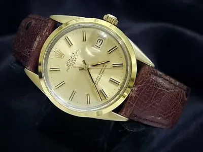 Rolex Date 1550 Men 14K Gold Shell Watch Brown Leather Strap Champagne Dial 34mm • $3464.98