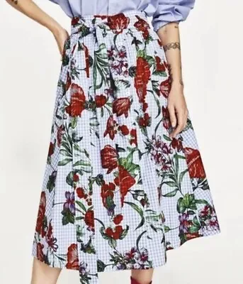 Zara Woman’s Skirt Midi Plaid Red Floral Belt Buttons Size XL EUC • $32